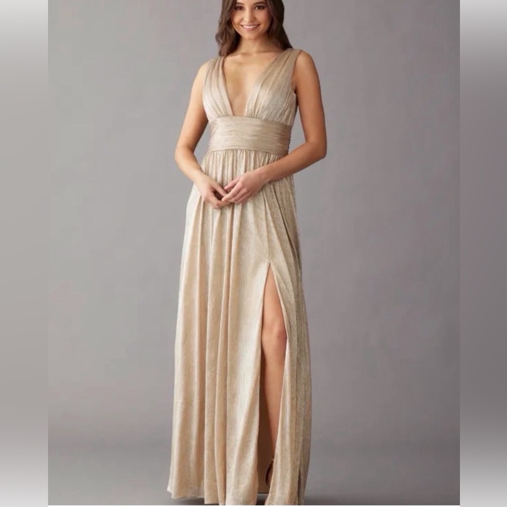 NWT! Hayley Paige Occasions Gold Shimmering Gown Style 52302 Size 10